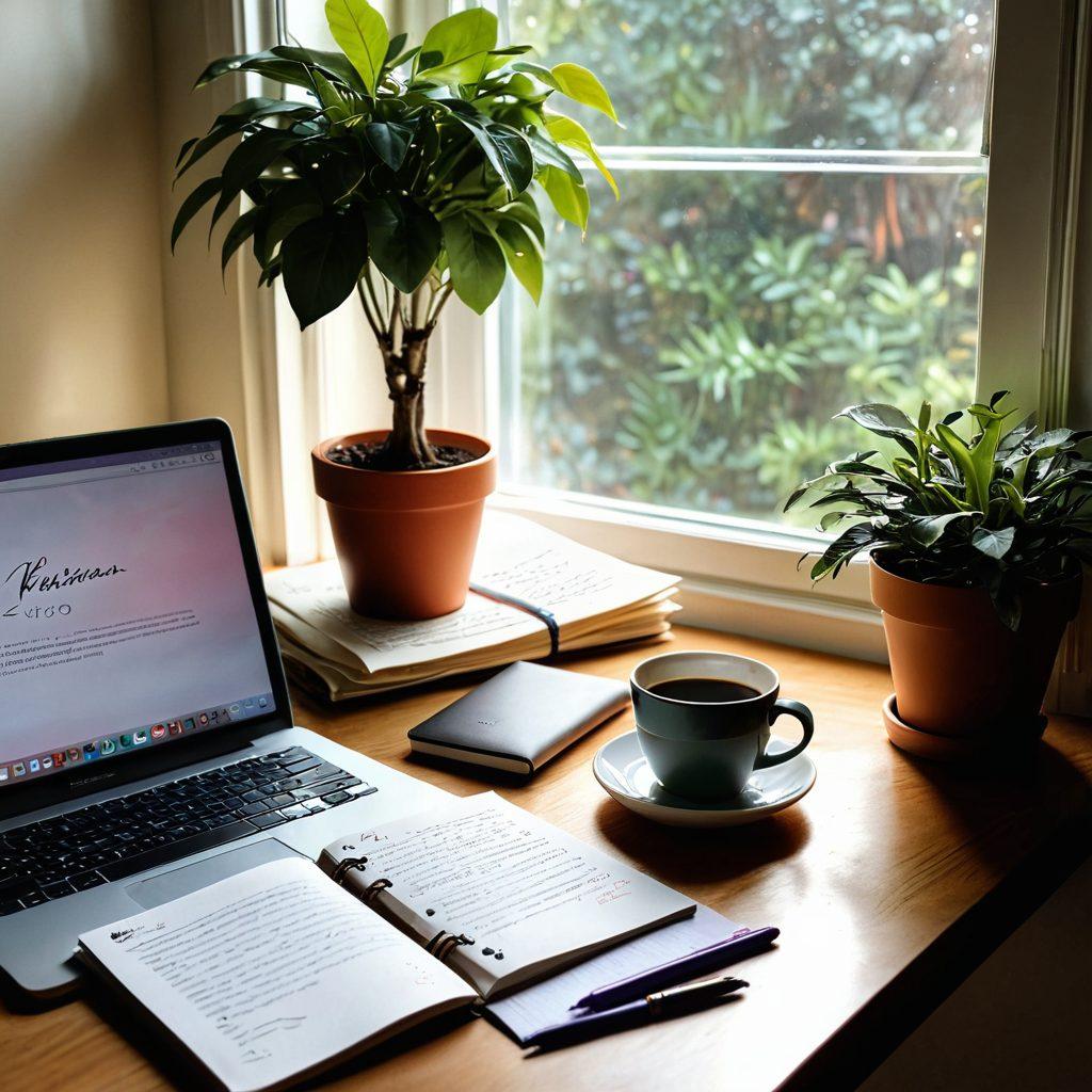A serene workspace with a cozy desk featuring a journal opened with handwritten notes and colorful pens scattered around. A warm cup of coffee sits beside a laptop displaying an article being drafted. Soft sunlight streams through a window, illuminating the scene, while a potted plant adds a touch of nature. The atmosphere feels inviting and inspiring for writing. super-realistic. warm colors. cozy interior.