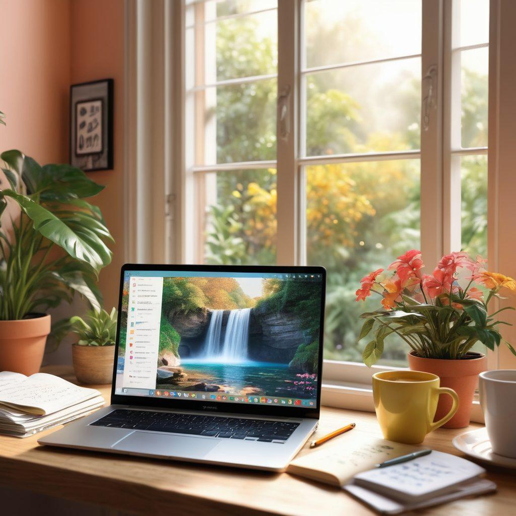 A beautifully illustrated online diary interface featuring an open laptop with colorful notes, vivid sketches, and narrative elements spilling out like a waterfall. The background showcases a serene workspace with plants, books, and a cup of coffee, embodying creativity and inspiration. Soft sunlight filters through a window, creating a warm and inviting atmosphere. super-realistic. vibrant colors. 3D.