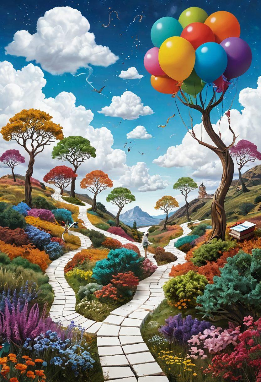 An imaginative landscape depicting a winding pathway through a vibrant blogosphere filled with various storytelling elements like open books, digital screens showcasing self-publishing tools, and creative characters sharing stories. The sky is filled with colorful thought bubbles symbolizing ideas, while a diverse group of writers navigates the path, each engaged in their unique storytelling journey. super-realistic. vibrant colors. white background.